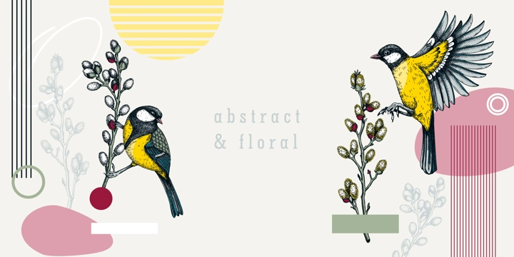 Collage style spring background design. Flying great tit and willow branches vector sketches. Hand drawn passerine bird illustration, floral elements and geometric shapes. Trendy wildlife banner